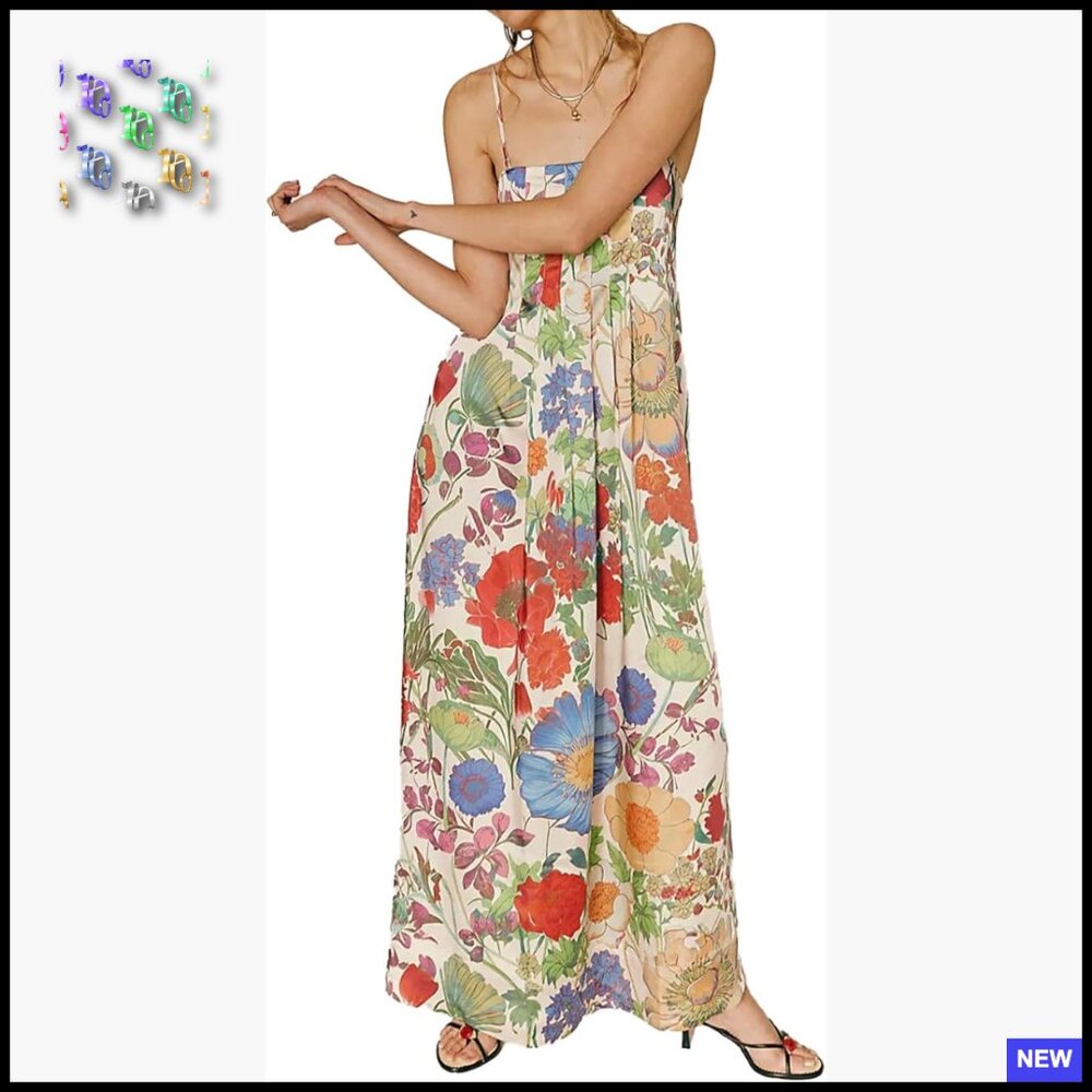 Boho Floral Maxi Dress Backless Spaghetti Strap A-Line Flowy Summer
